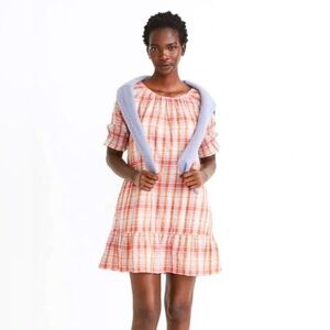Madewell Gauze Plaid Popover Mini Dress Ruffle Short Sleeve And Hem Size Medium